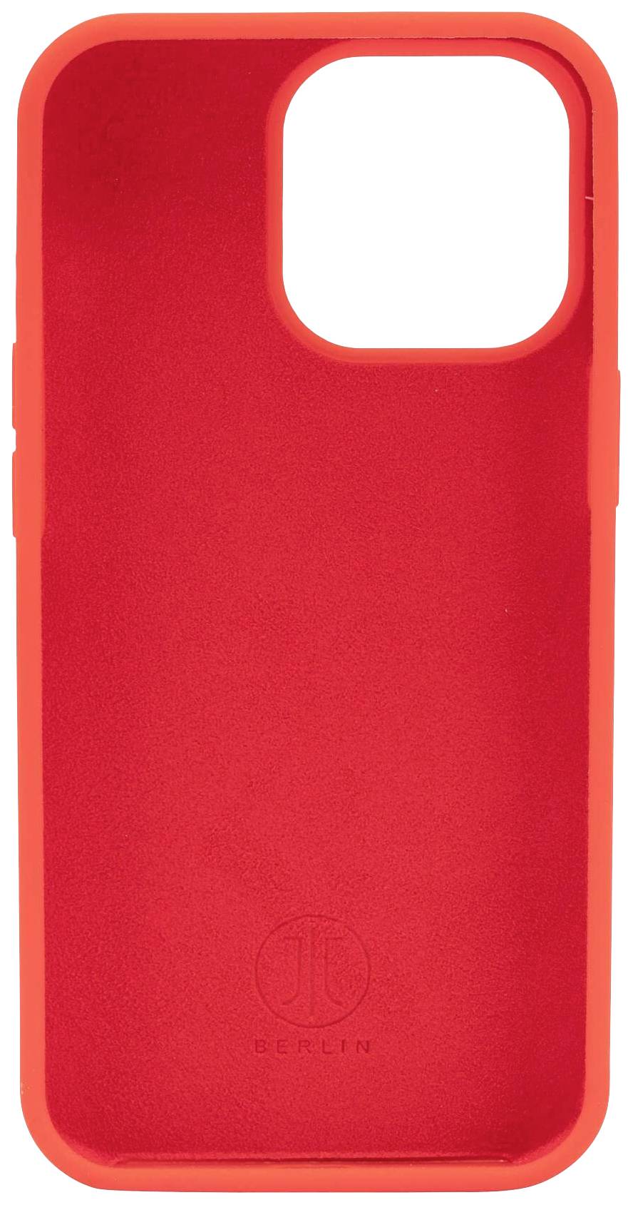 Red mobile phone case for a smartphone, standing vertically with camera cutout in the top right corner. 'BERLIN' logo visible on the bottom of the back side.