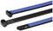 Three cable ties, two blue and one black, arranged in different positions. They are suitable for bundling cables.