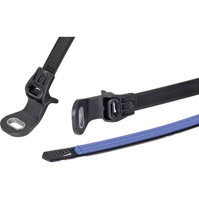 Three cable clips in black and blue. Two have different connection types and sizes, one is marked with a blue stripe.