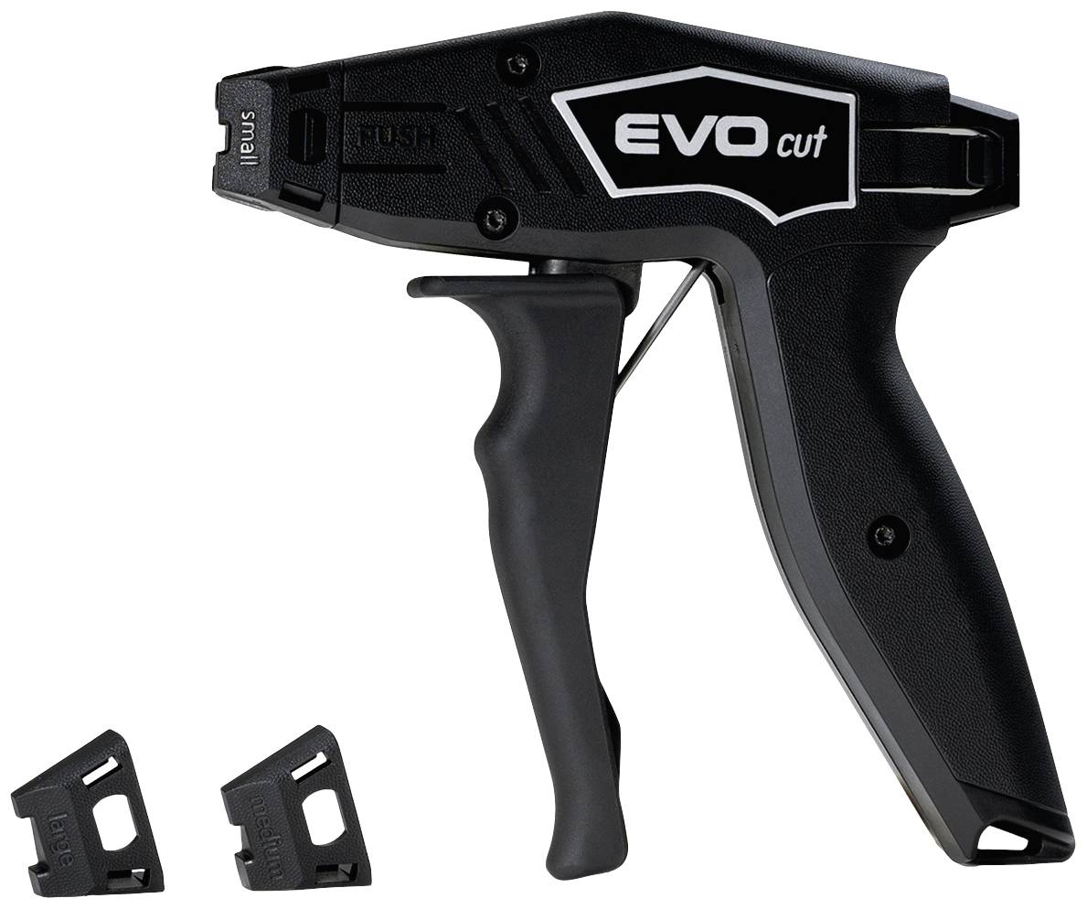 Handy cutting tool with an ergonomic handle, labelled 'EVO cut'. Two interchangeable blade attachments beside it.