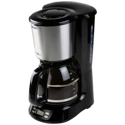 Black filter coffee machine with glass carafe, silver water tank, drip stop, water level indicator, and digital display for time.