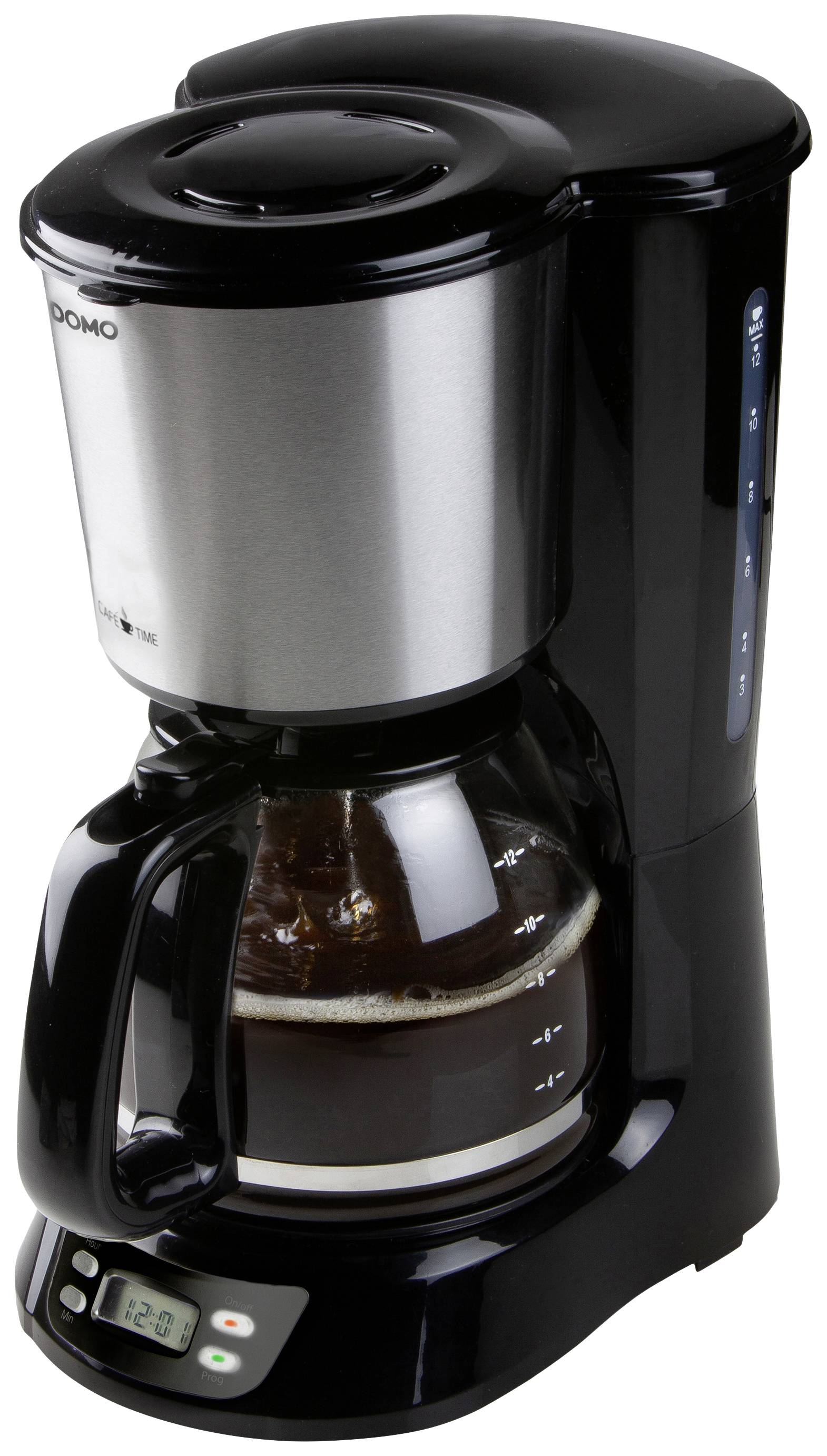 A black coffee machine with a digital time display is preparing freshly brewed coffee in a transparent carafe.