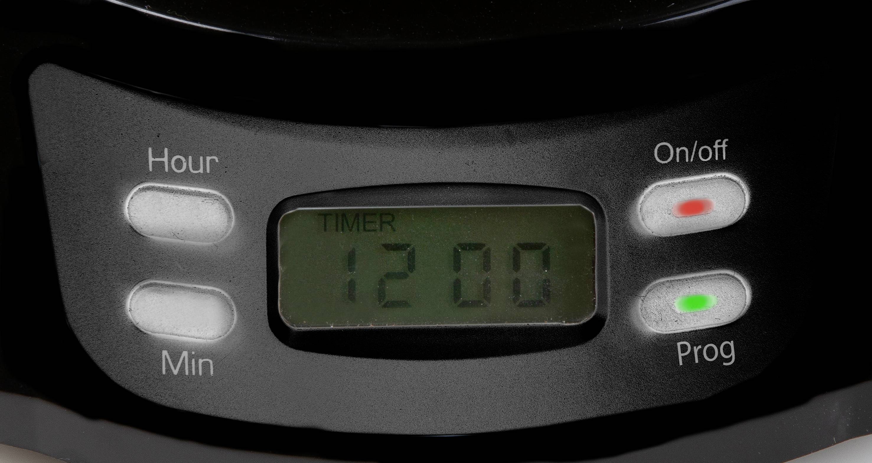 A digital display shows the number '12:00'. On the left are buttons for 'Hour' and 'Min', on the right 'On/off' and 'Prog'.