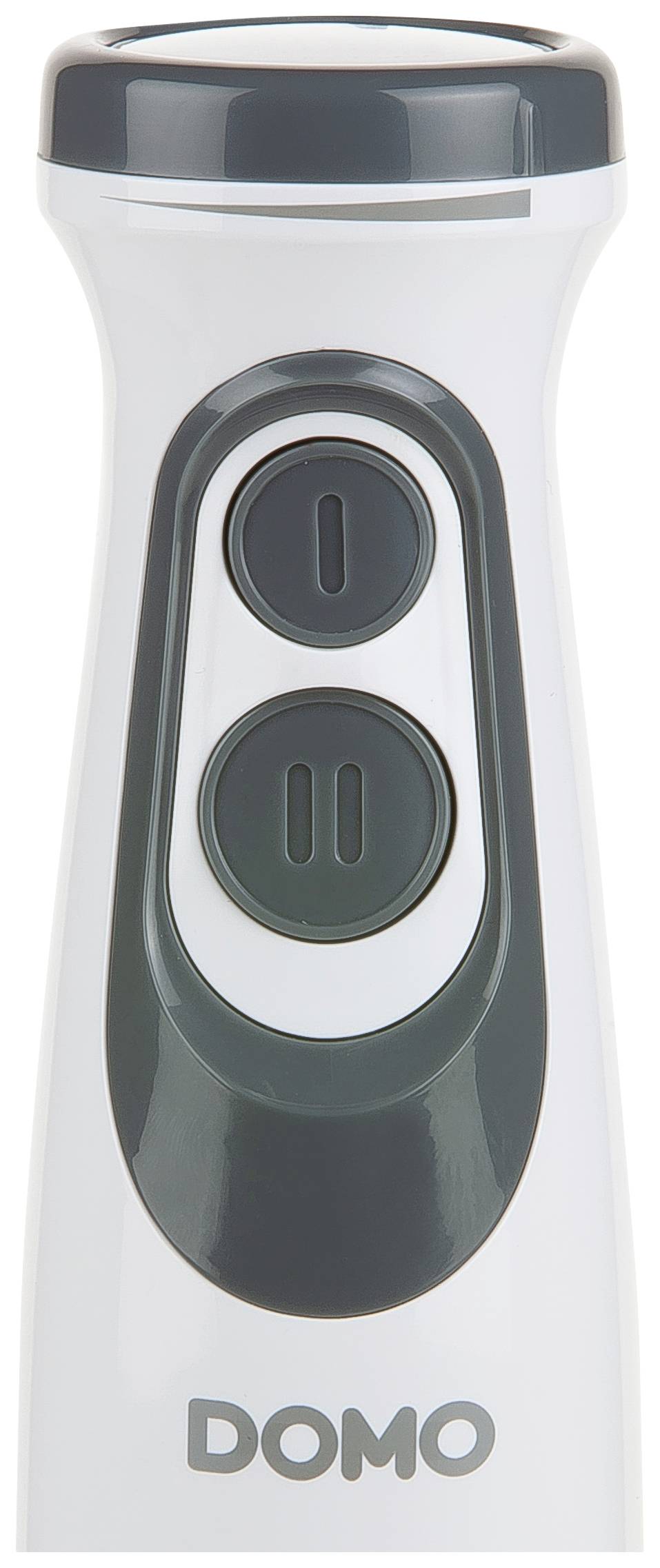 Electric mixer with two buttons in white and grey, brand 'DOMO'. Suitable for mixing ingredients in the kitchen.