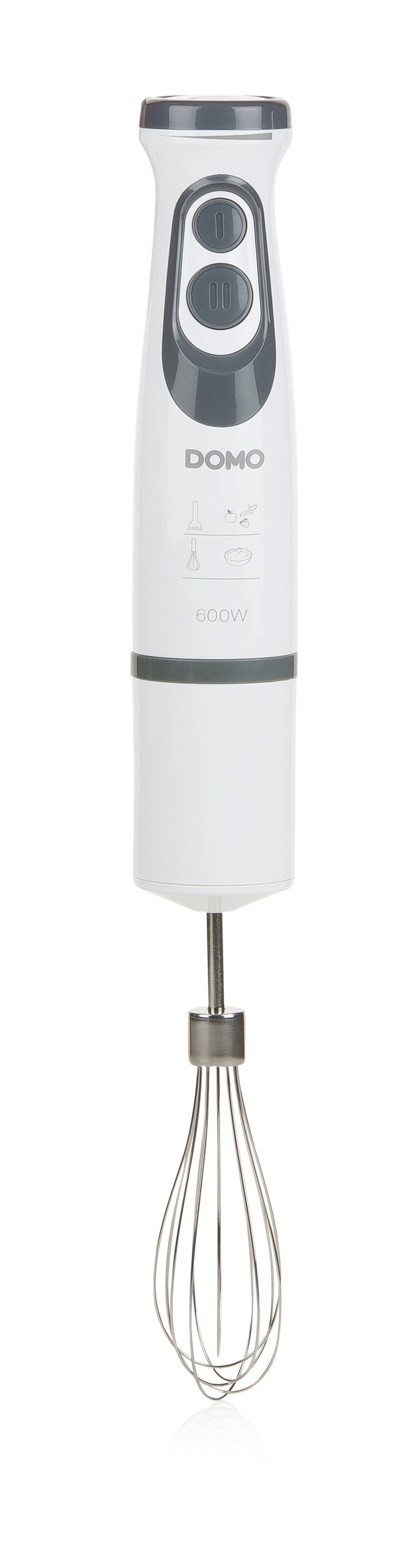 A white hand blender with a metal whisk attachment, suitable for mixing ingredients in the kitchen.