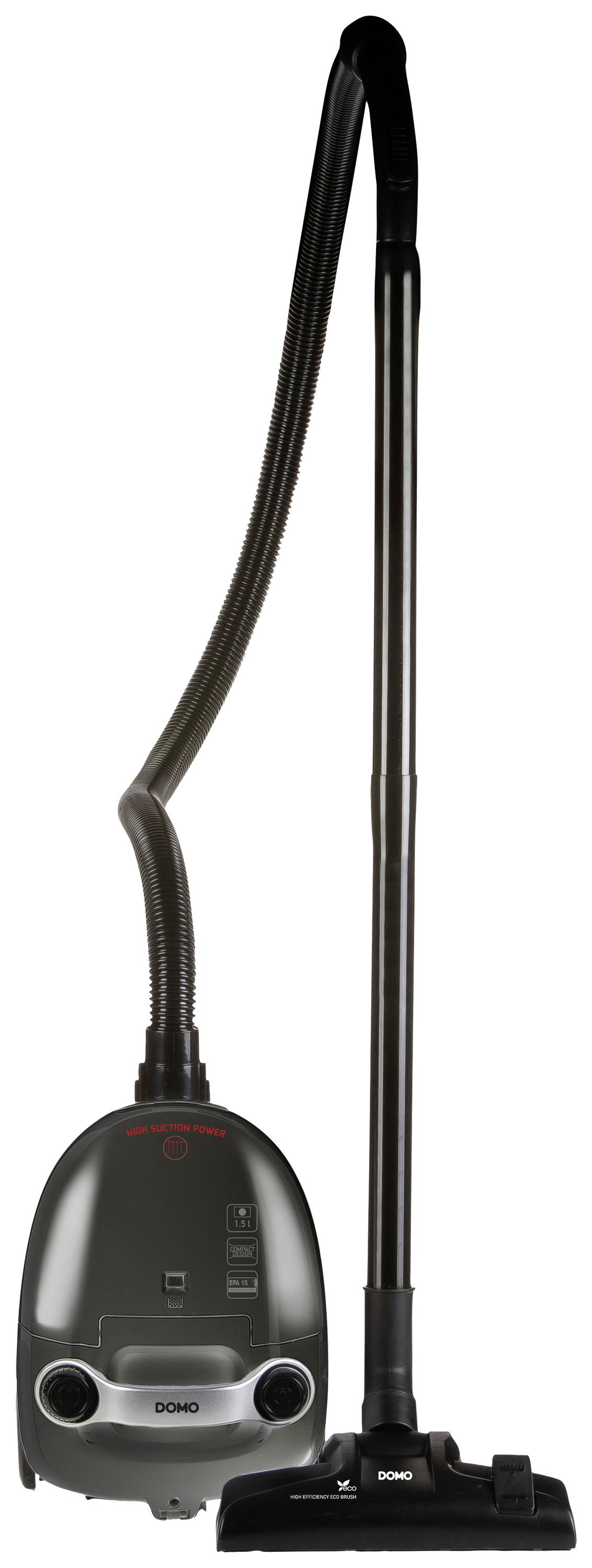 A black vacuum cleaner with a long hose and floor nozzle, viewed from the side. Ideal for hard floors and carpets.