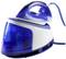 Steam iron with blue and white design and removable water tank, ready for use.