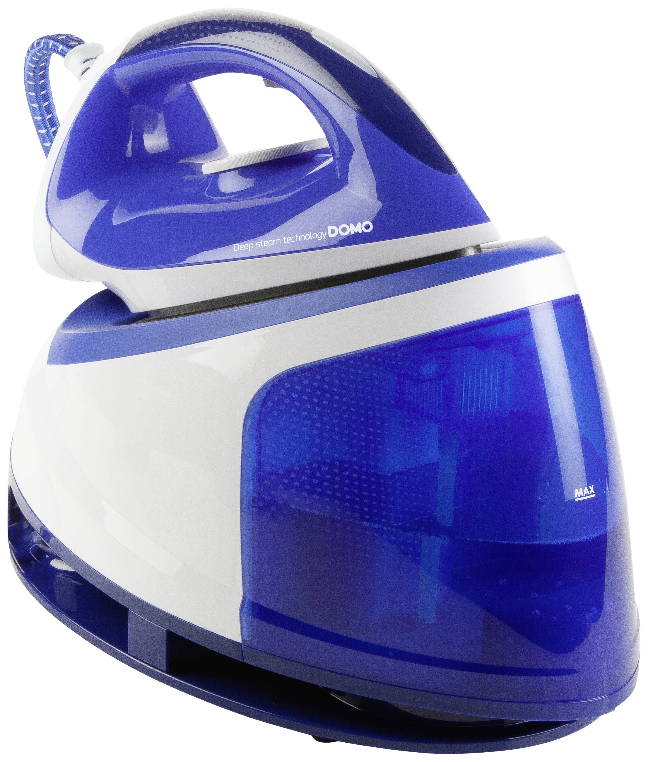 A blue and white steam iron with a large water tank.