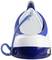 Blue and white steam iron viewed from behind, with visible power cord and handle.