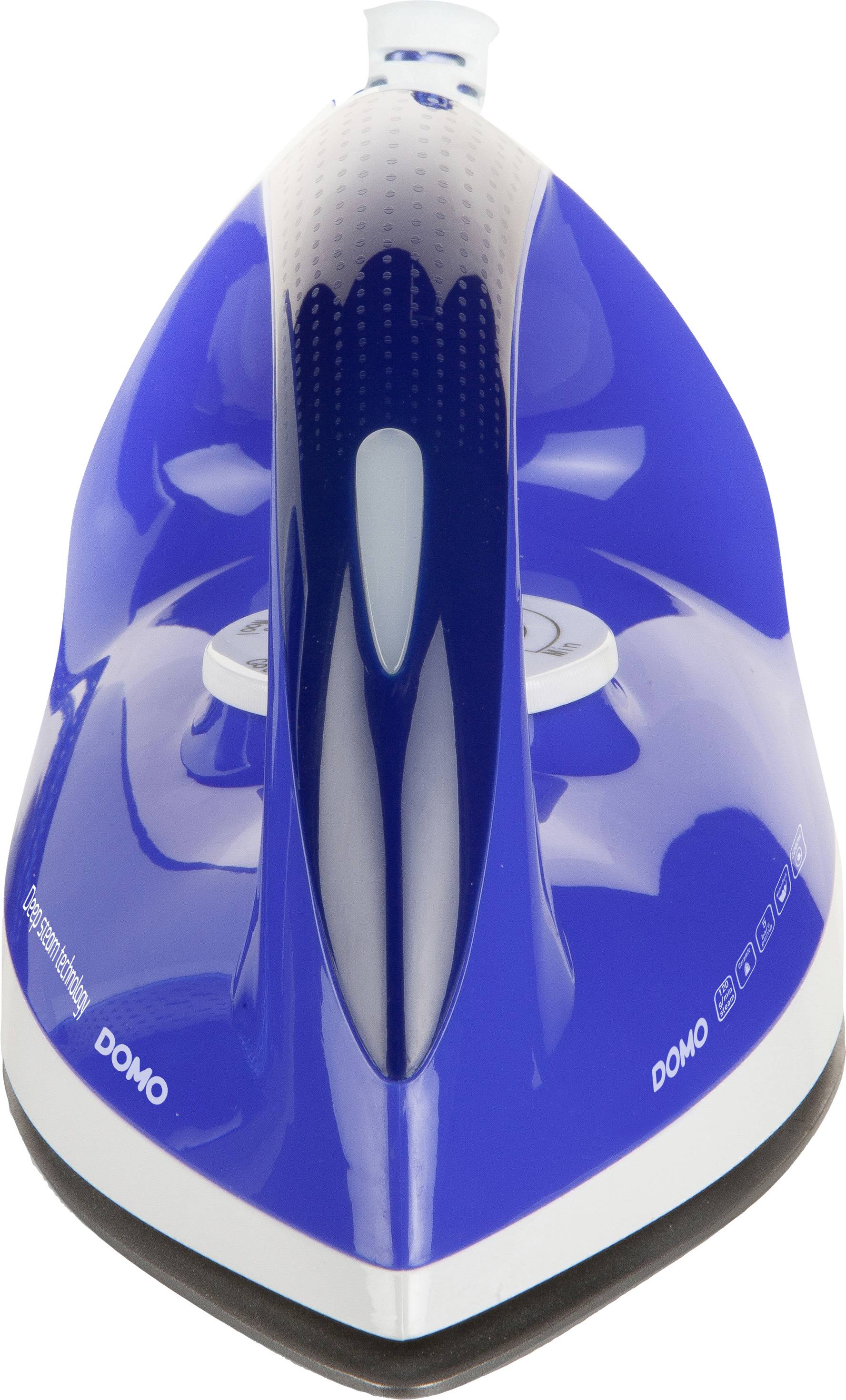 A blue iron with a white handle, viewed vertically from the front.