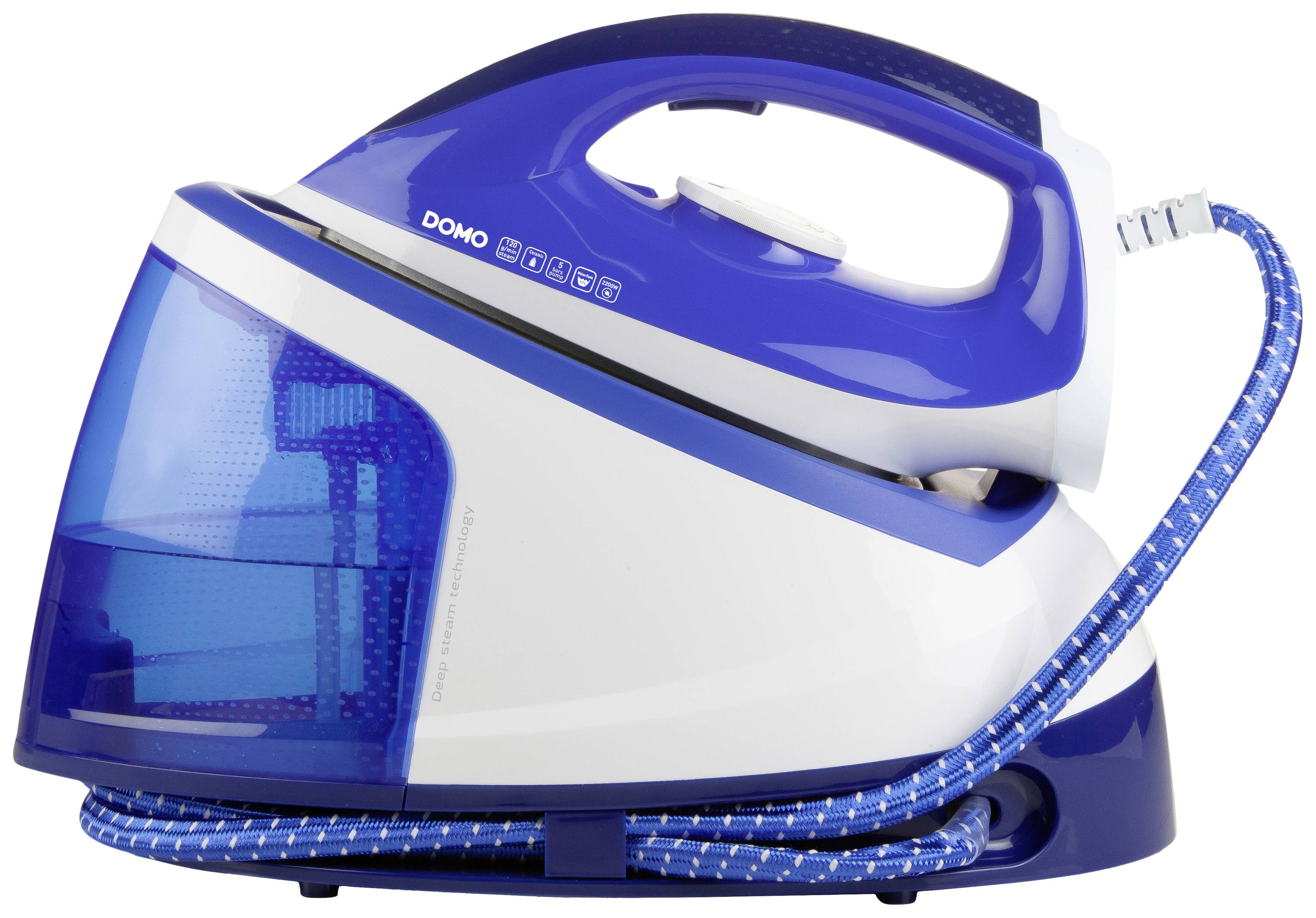 A blue and white steam iron with a large water tank and structured ironing handle, suitable for efficiently smoothing clothing.