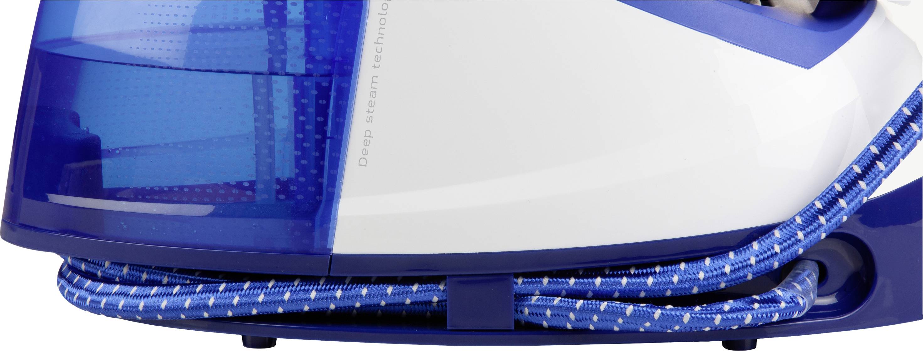Steam iron in blue and white. Visible water tank and flexible steam hose.