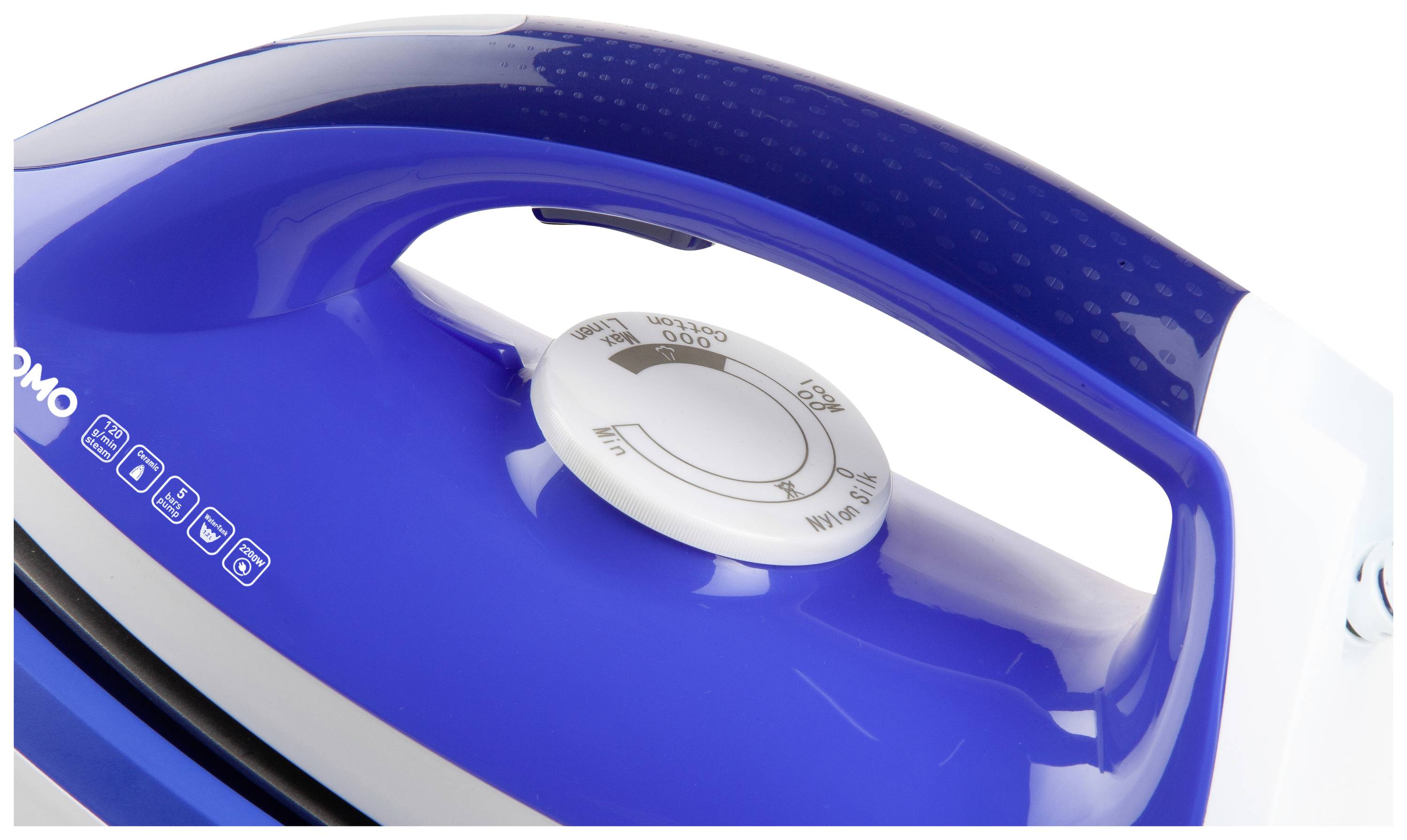 Close-up of a blue iron, focusing on the temperature dial with markings for different fabric types.