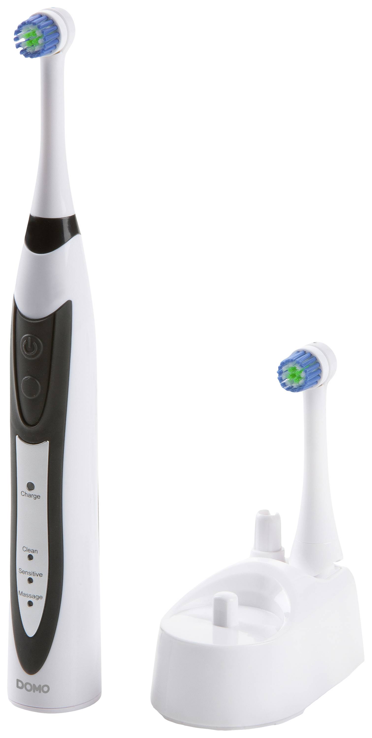 Electric toothbrush with charging station and replacement brush head. Black design with white accents.