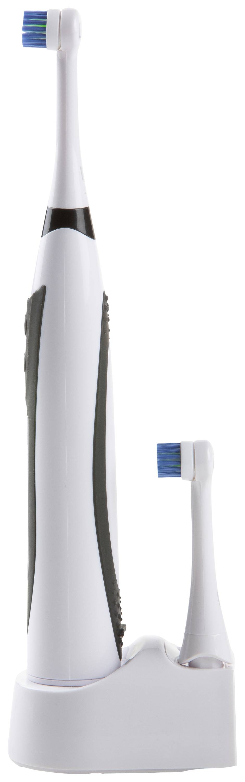 Electric toothbrush in a charging station with an additional brush head, standing upright against a white background.
