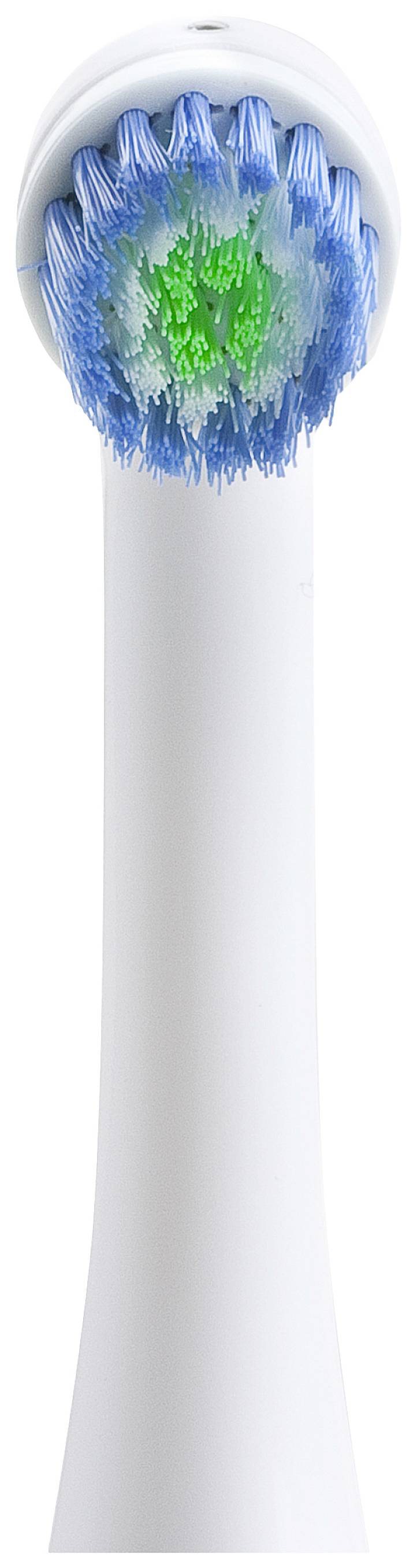 An electric toothbrush head, white with blue and green bristles, for efficient oral hygiene.