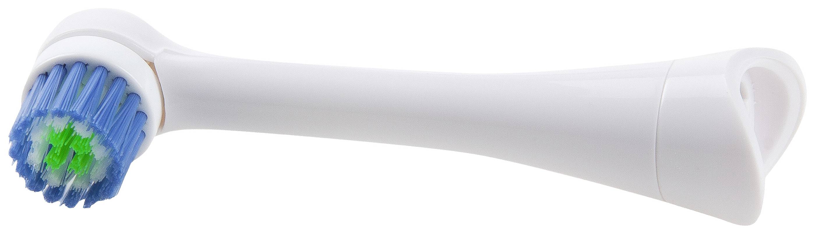 Toothbrush head with blue and green bristles, side view.