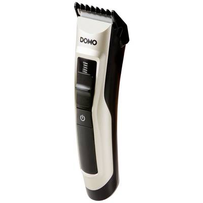 Electric hair clipper by 'DOMO' in silver and black, with length adjustment button and power on/off switch.