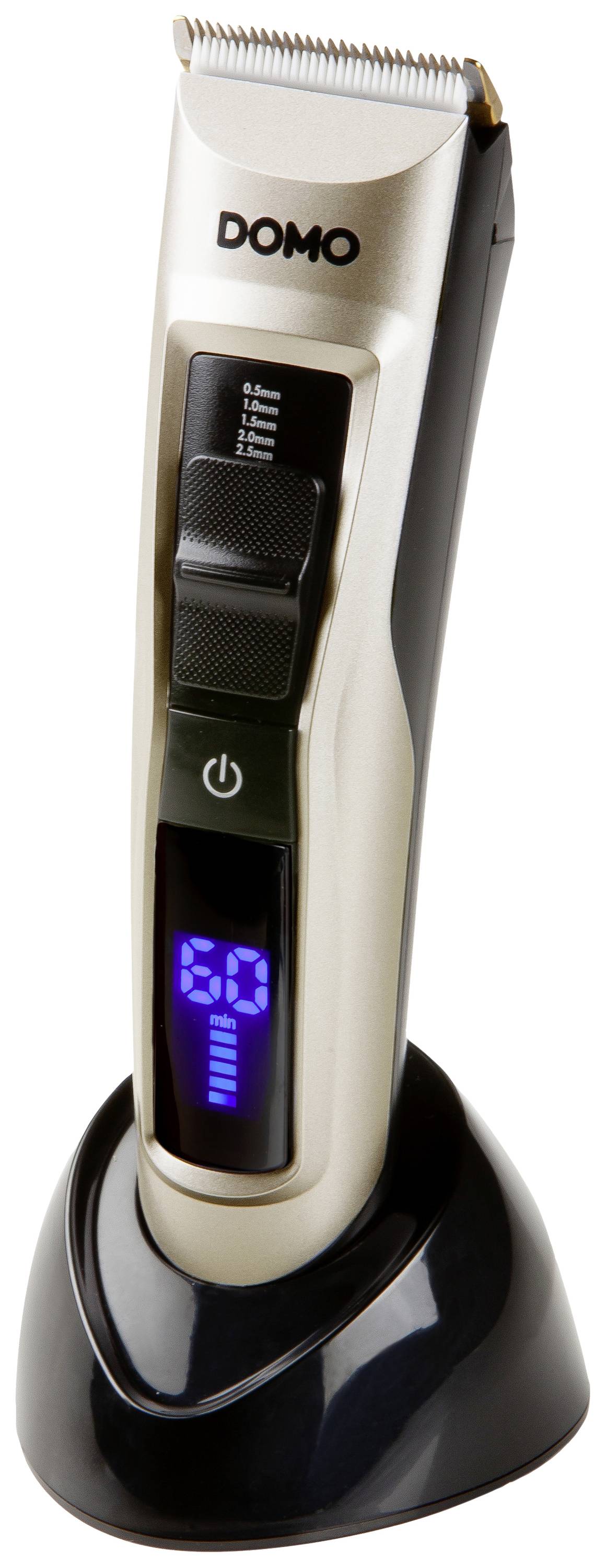 Electric hair clipper with silver casing, black handle, LCD display and charging/storage station.