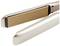 An open hair straightener with smooth, gold-coloured heating plates and a silver casing. Suitable for straightening hair.