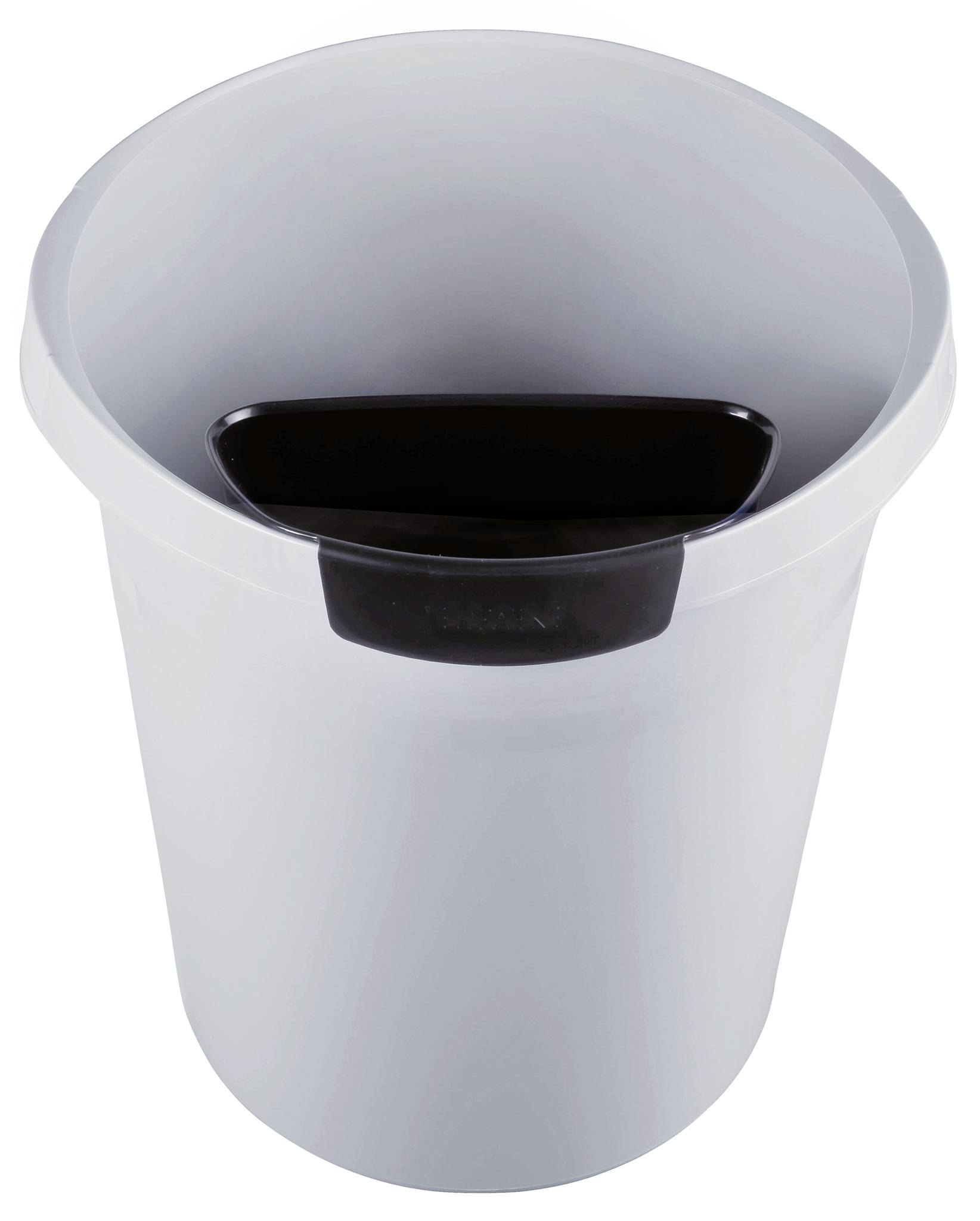 A white rubbish bin with a black, hinged lid that is partially open.