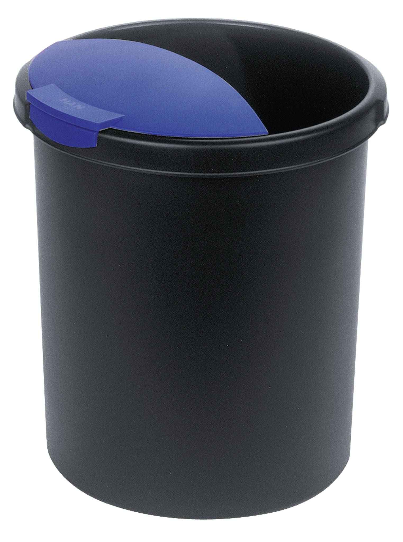 A black rubbish bin with a blue swing lid.