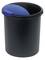 A black rubbish bin with a blue swing lid.