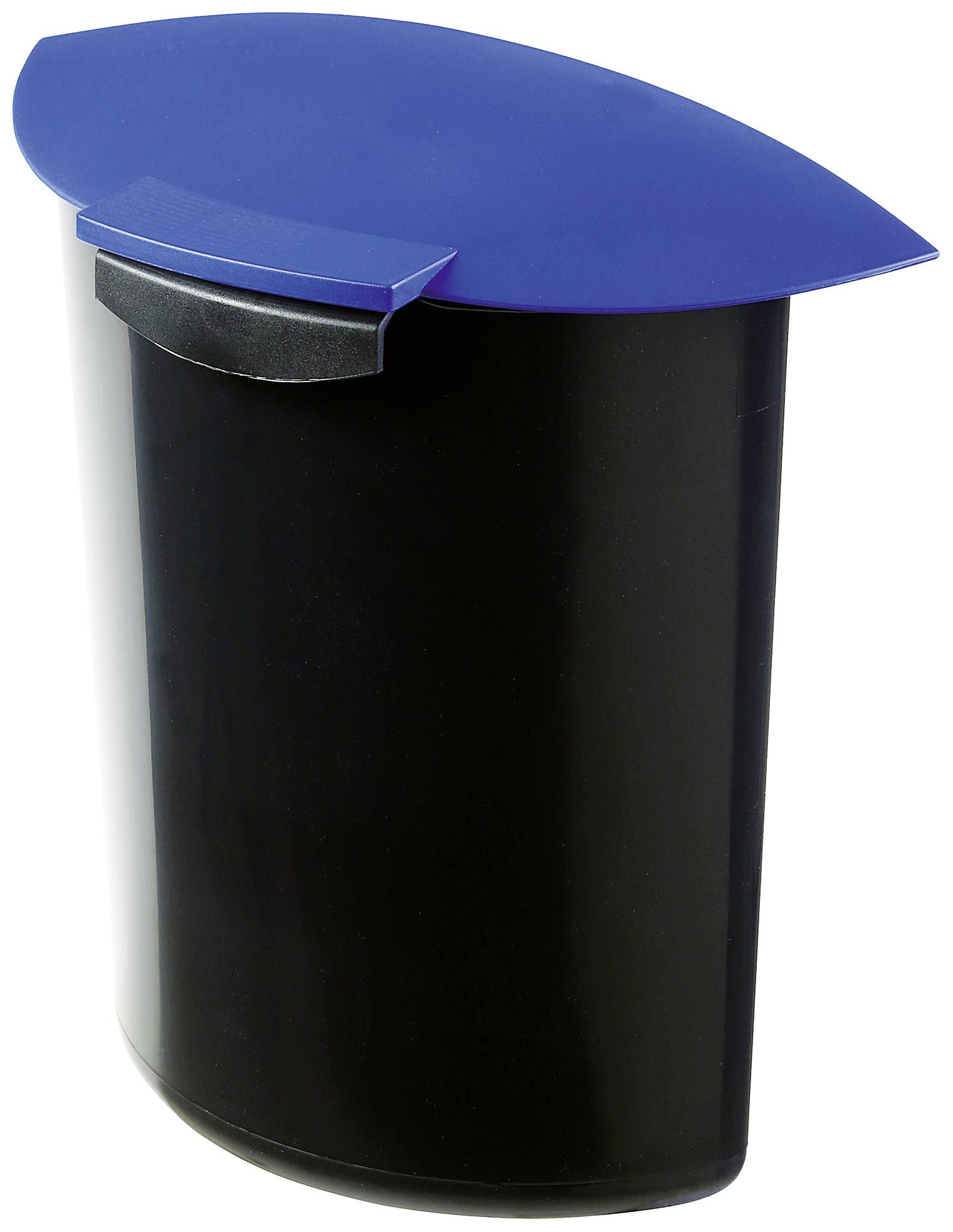 A black rubbish bin with a blue, curved lid that is slightly tilted.