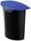 A black rubbish bin with a blue, curved lid that is slightly tilted.