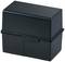 Black plastic storage box with removable lid, rectangular in shape, suitable for storing items.