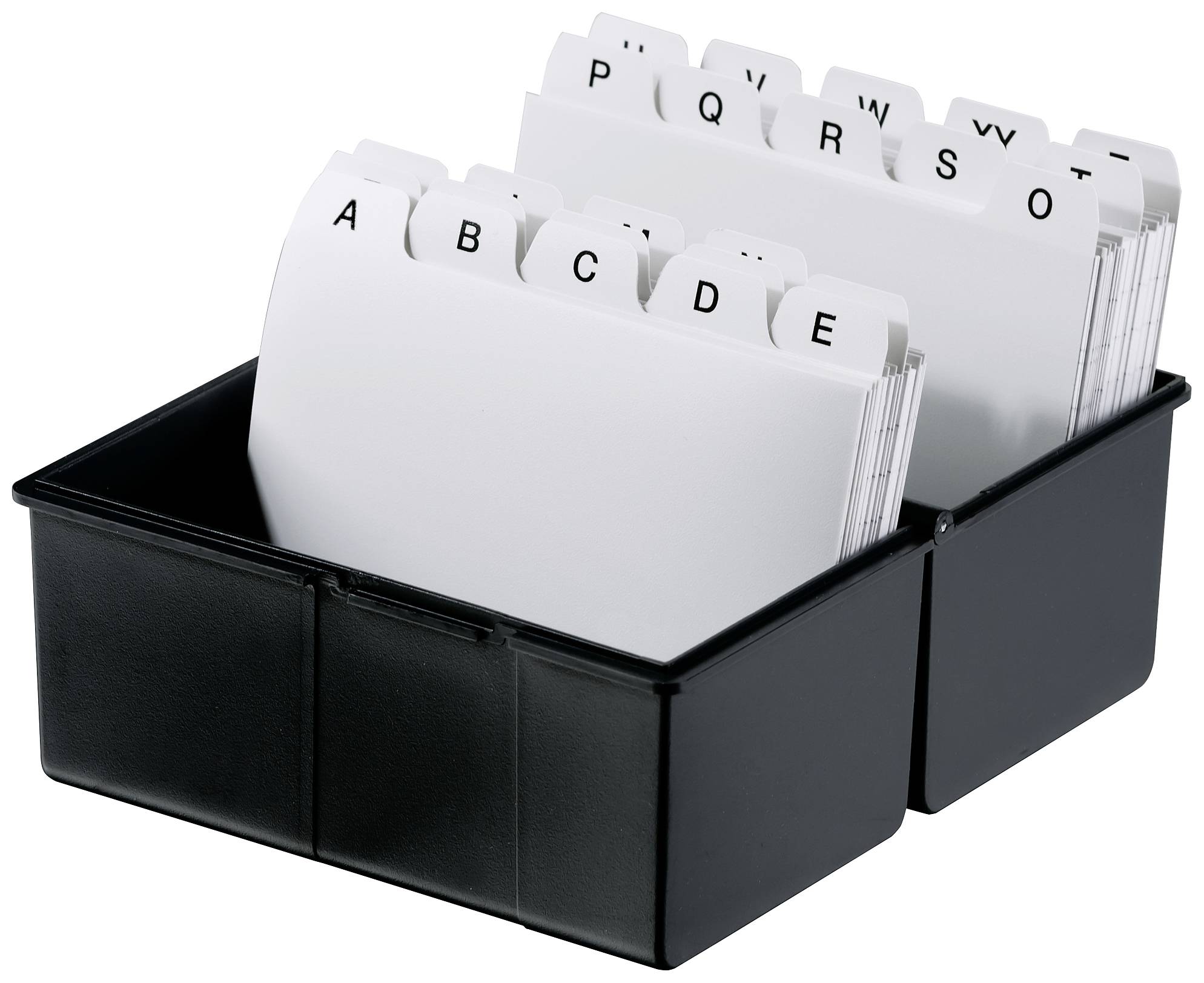 Black index card system with alphabetical dividers from A to Z, suitable for organising notes or contacts.