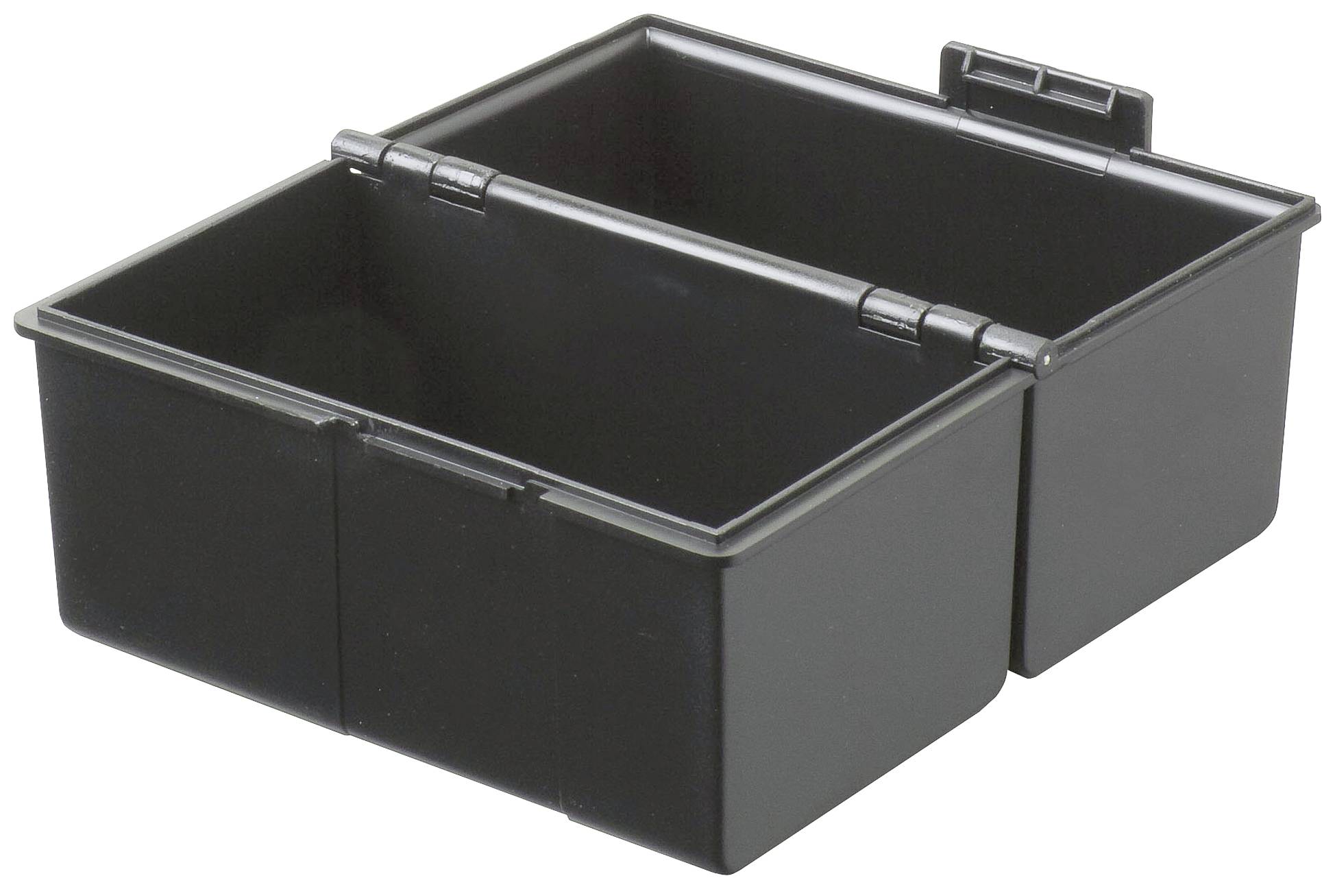 Black, rectangular plastic container with two open compartments, suitable for storing or transporting various items.