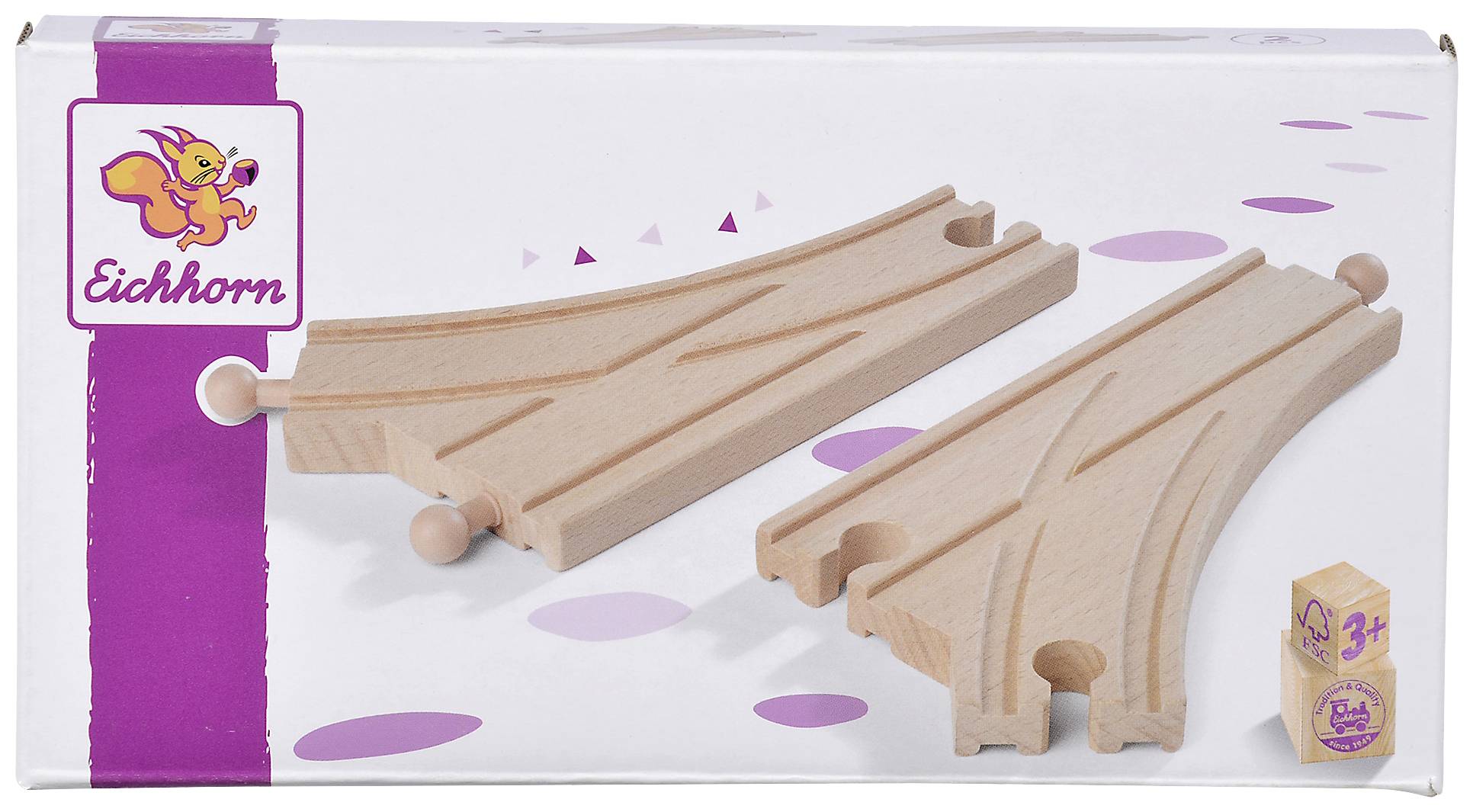 Packaging with two curved wooden rails for toy trains, brand 'Eichhorn', featuring a squirrel logo.
