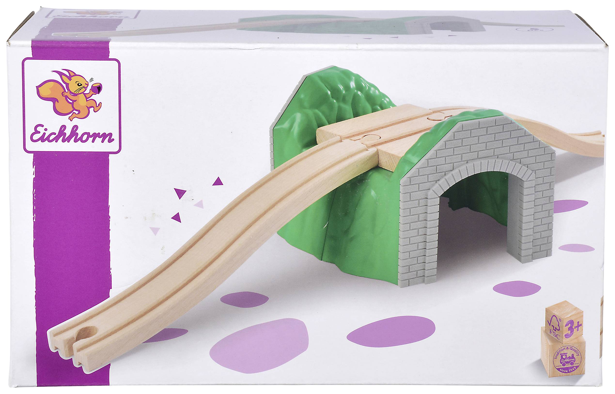Railway tunnel set by Eichhorn made from wooden building blocks, suitable for children aged 3 and over. Includes two tracks, tunnel and mountain scenery.
