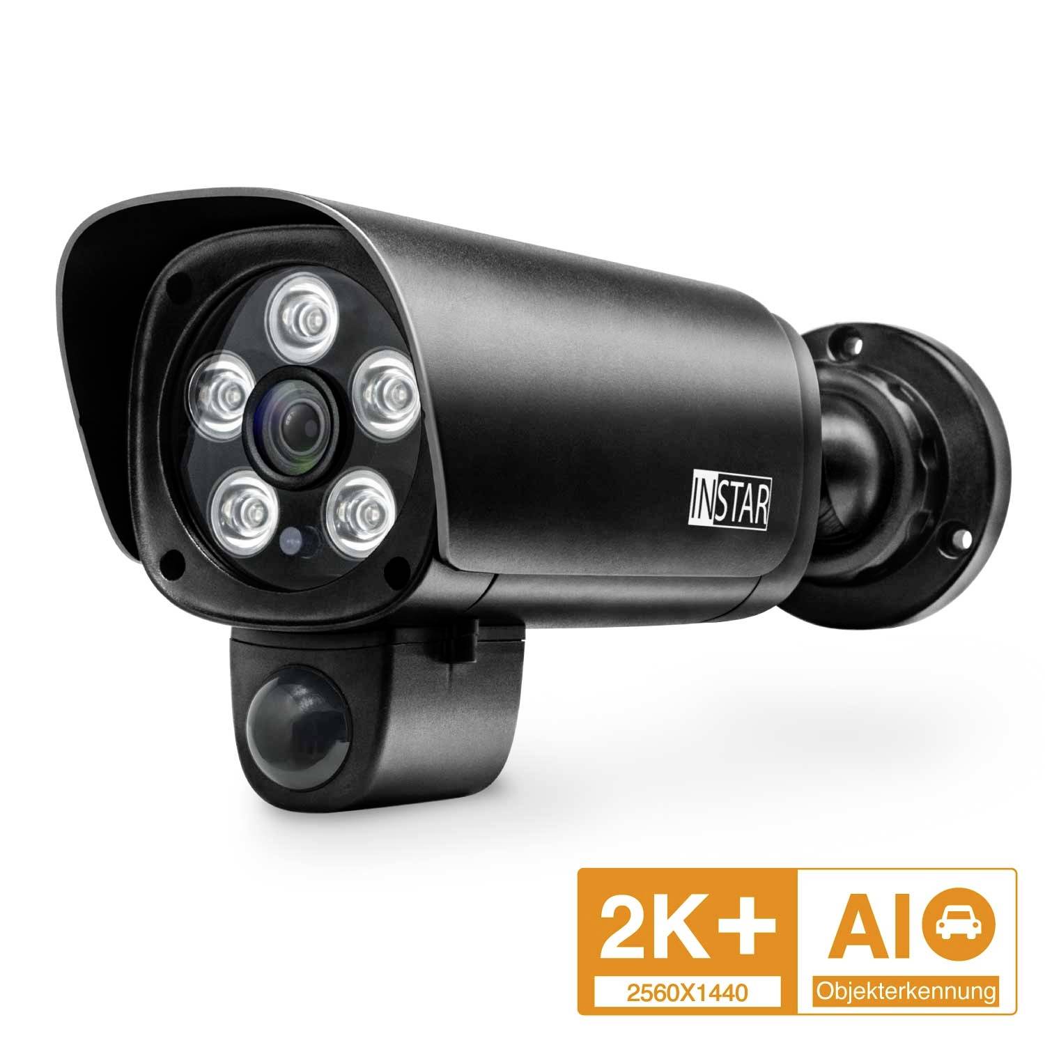Instar surveillance camera with object and motion detection, 2K+ resolution, black housing, six LEDs visible.