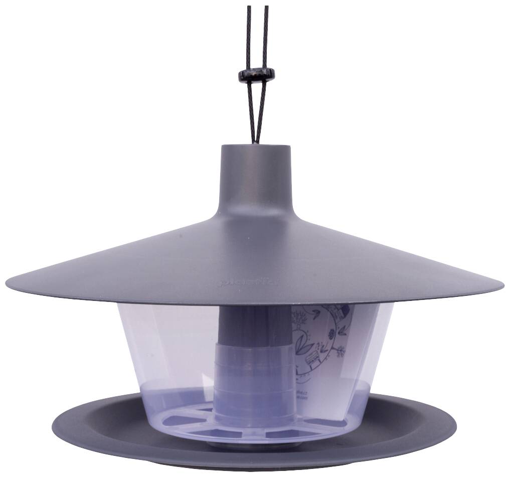 Grey bird feeder with a conical roof, hanging. Transparent central section shows the level of feed. Suitable for outdoor areas.