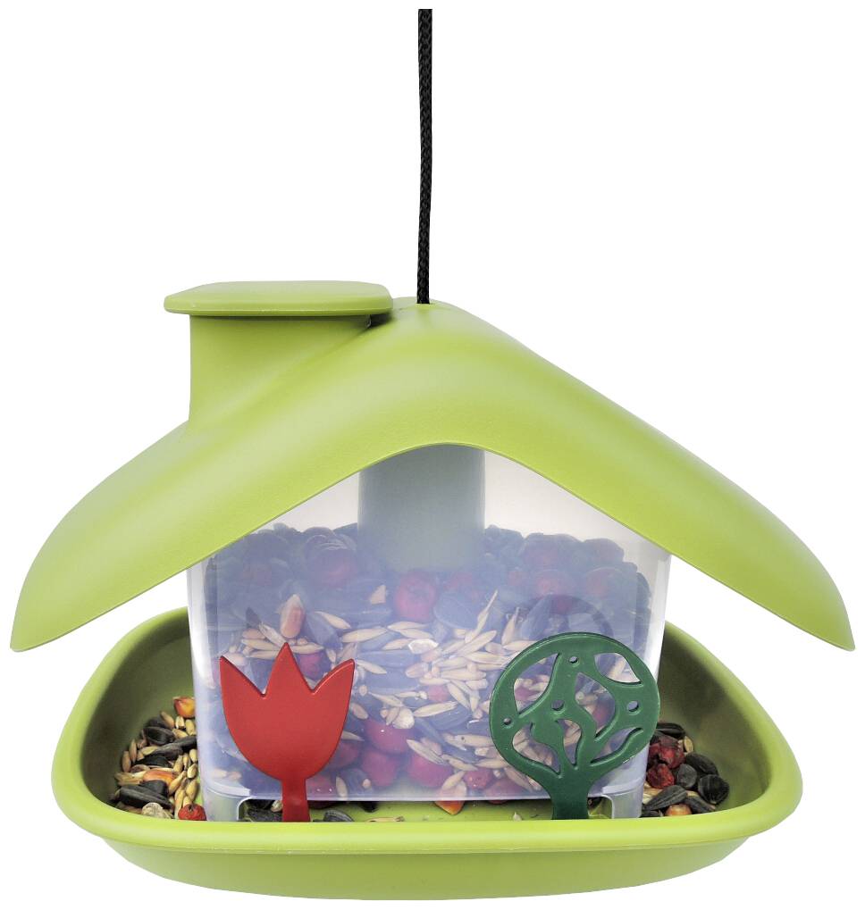 Green birdhouse with a roof, filled with seeds. Two decorative rods: one in a flower shape, the other with a leaf motif.