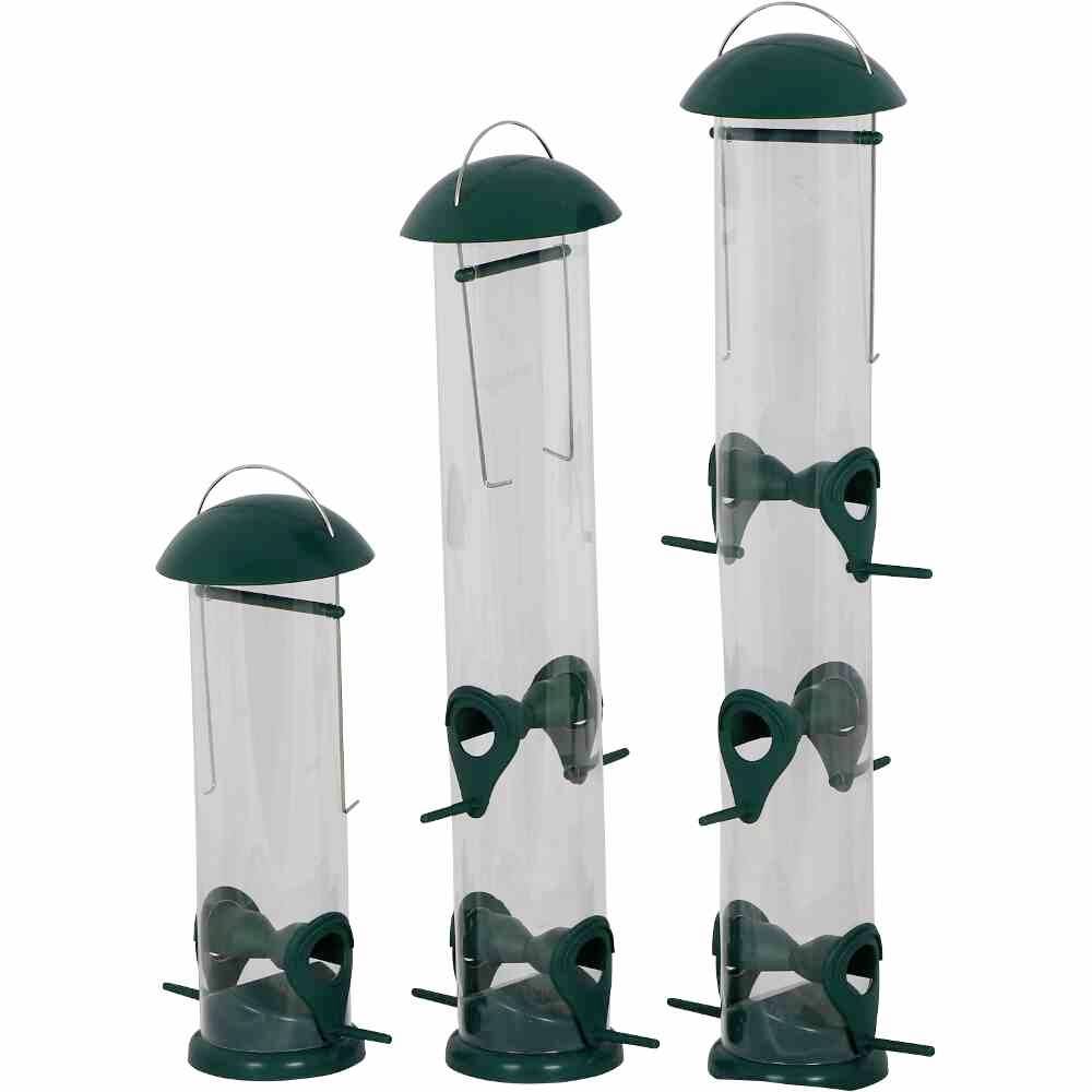 Three green bird feeders in varying sizes; cylindrical, transparent, with covers and perches for birds.