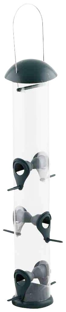 A translucent bird feeder with four feeding ports and perches arranged vertically. Suitable for birds.