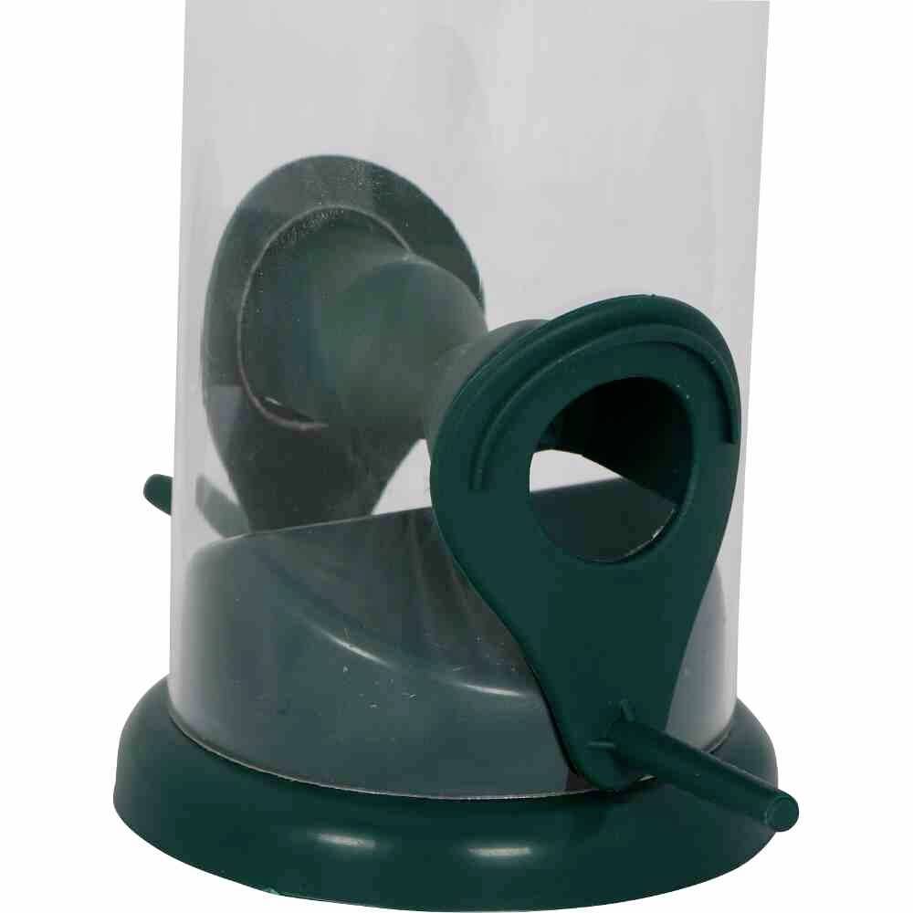 Bird feeder made of green plastic with a round base and two recesses for bird food.