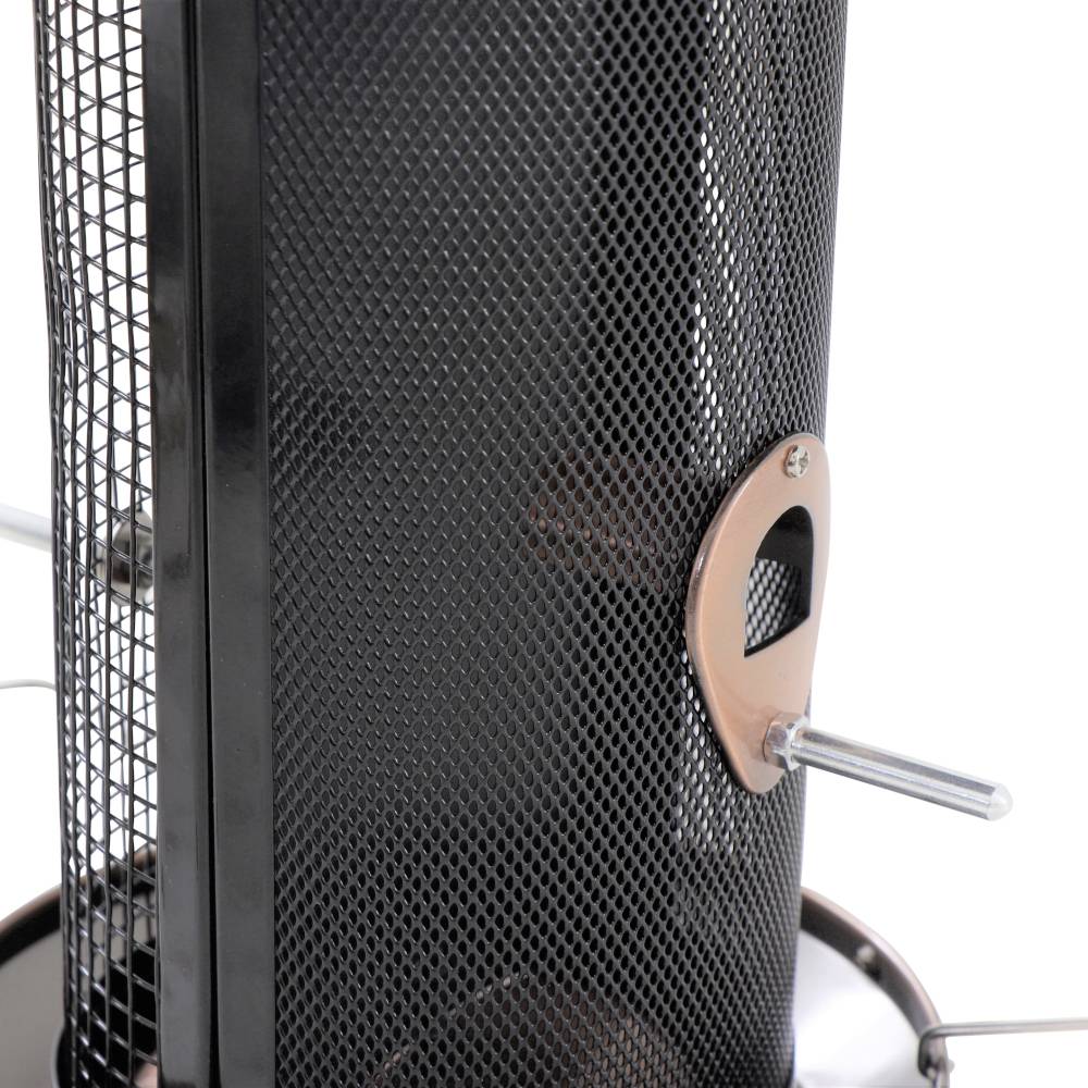 A black, cylindrical metal heat radiator with a protective guard, suitable for outdoor use.