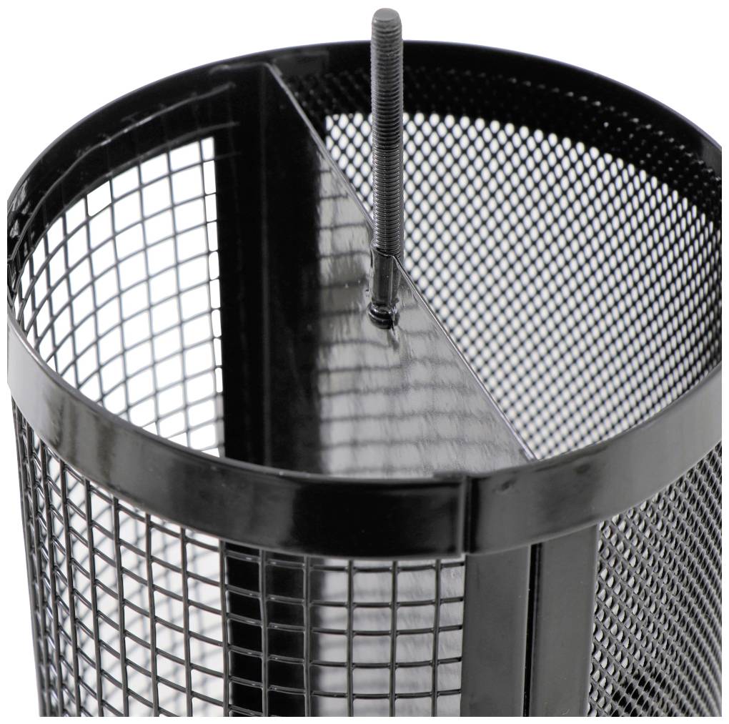 Black, round metal container with a lattice pattern, suitable for use as a waste bin or wastepaper basket.