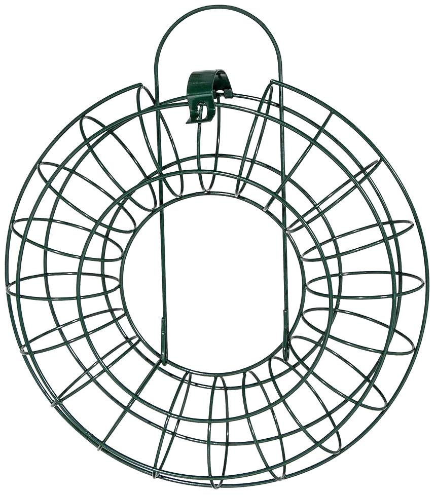 Round, green wire bird cage without contents, with hook at the top for hanging, suitable for bird houses or feeding stations.