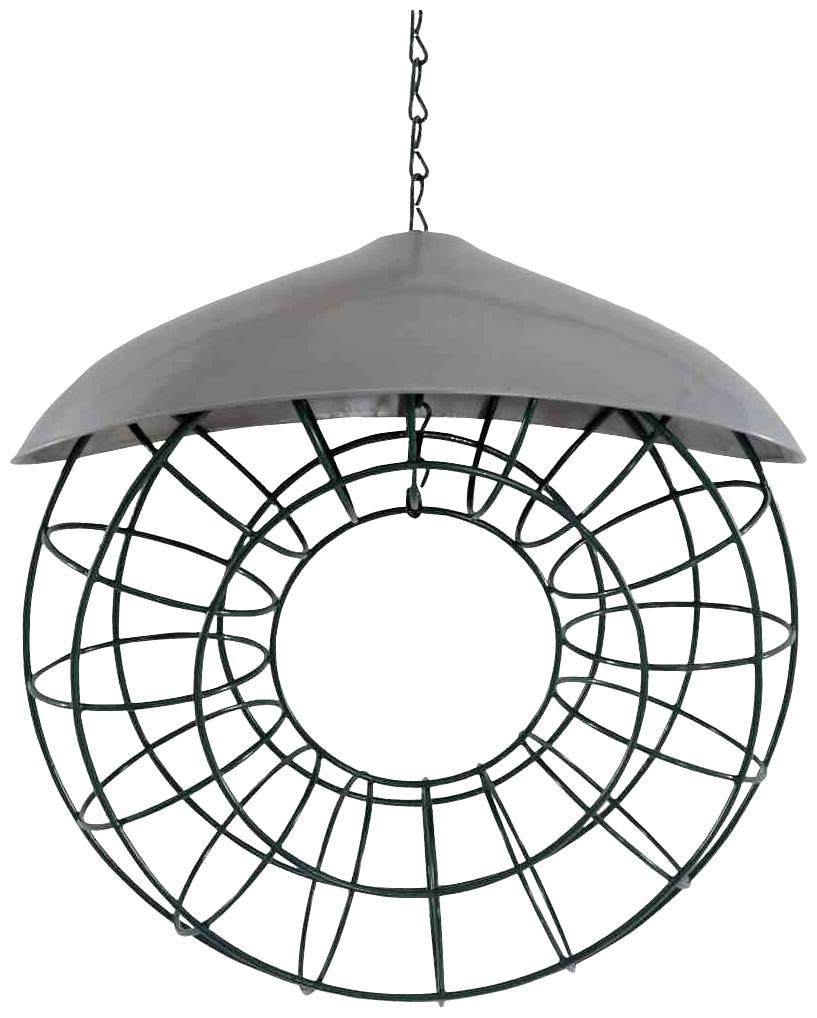 A hanging, round metal bird feeder with a roof that protects birds from rain, without visible feed.