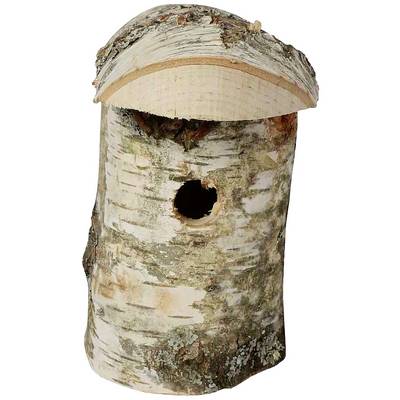 A simple, short piece of birch wood with a continuous hole in the middle, resembling a birdhouse.