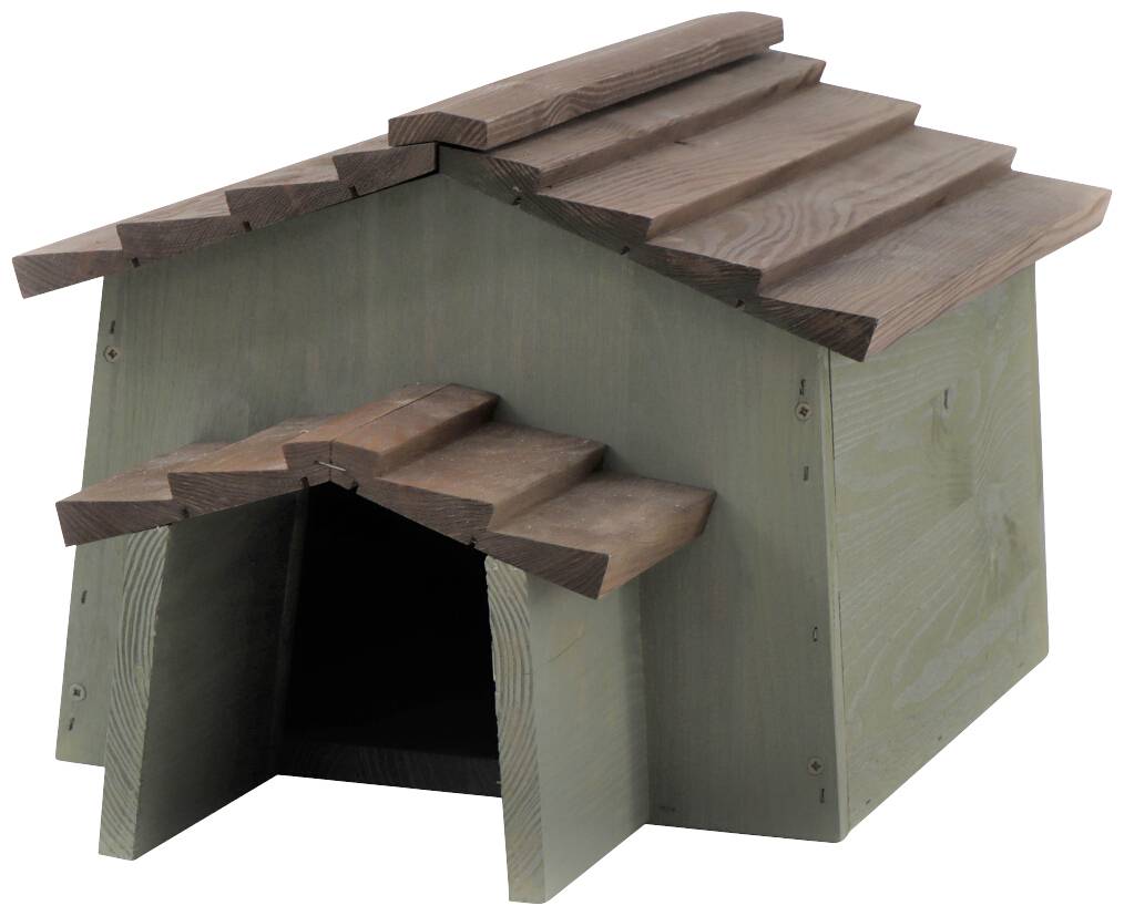 Wooden dog kennel with a wavy roof, open entrance door, made from natural-coloured timber.