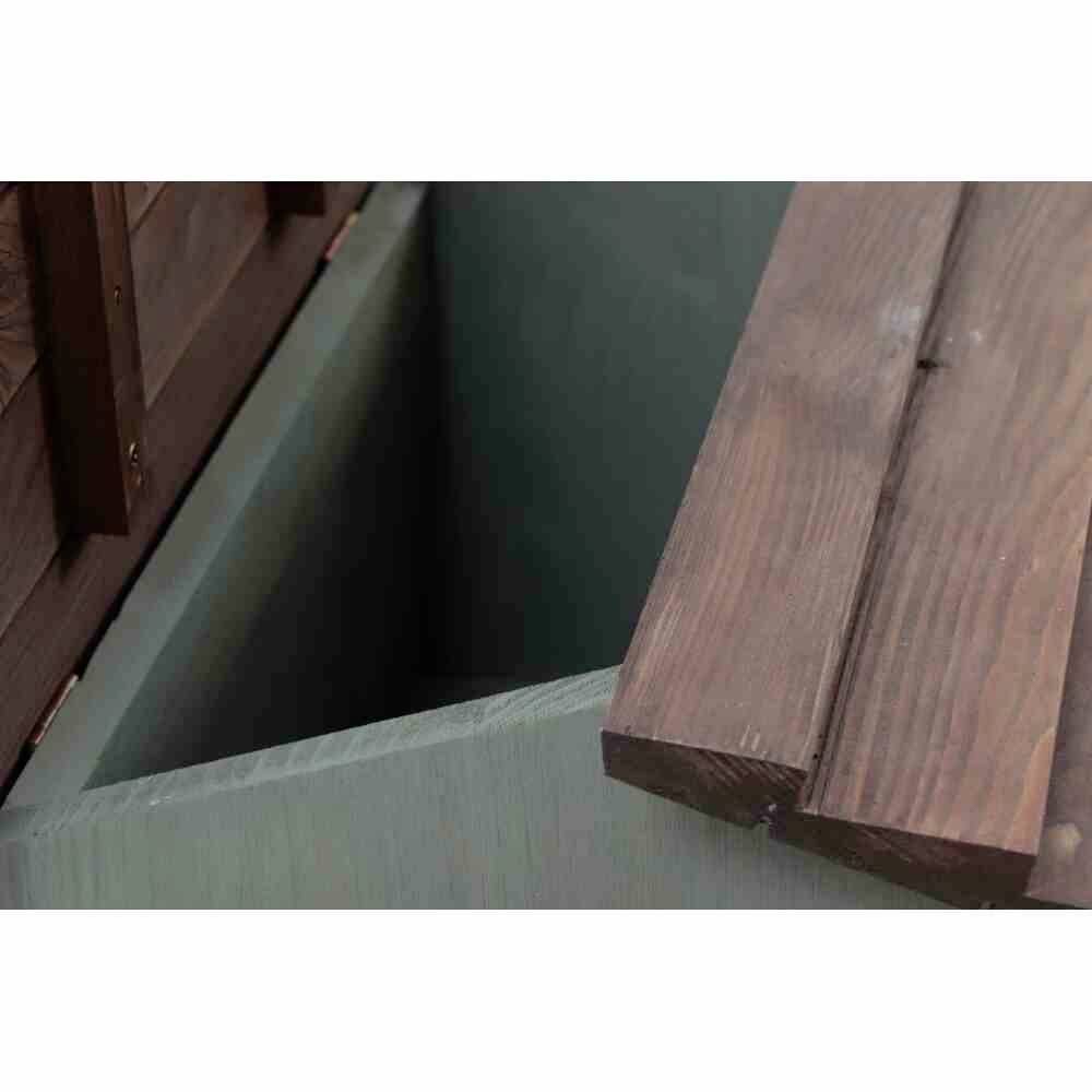 A wooden box with a hinged lid. Dark wood on the outside, lighter wood on the inside. The box is positioned at a slight angle.