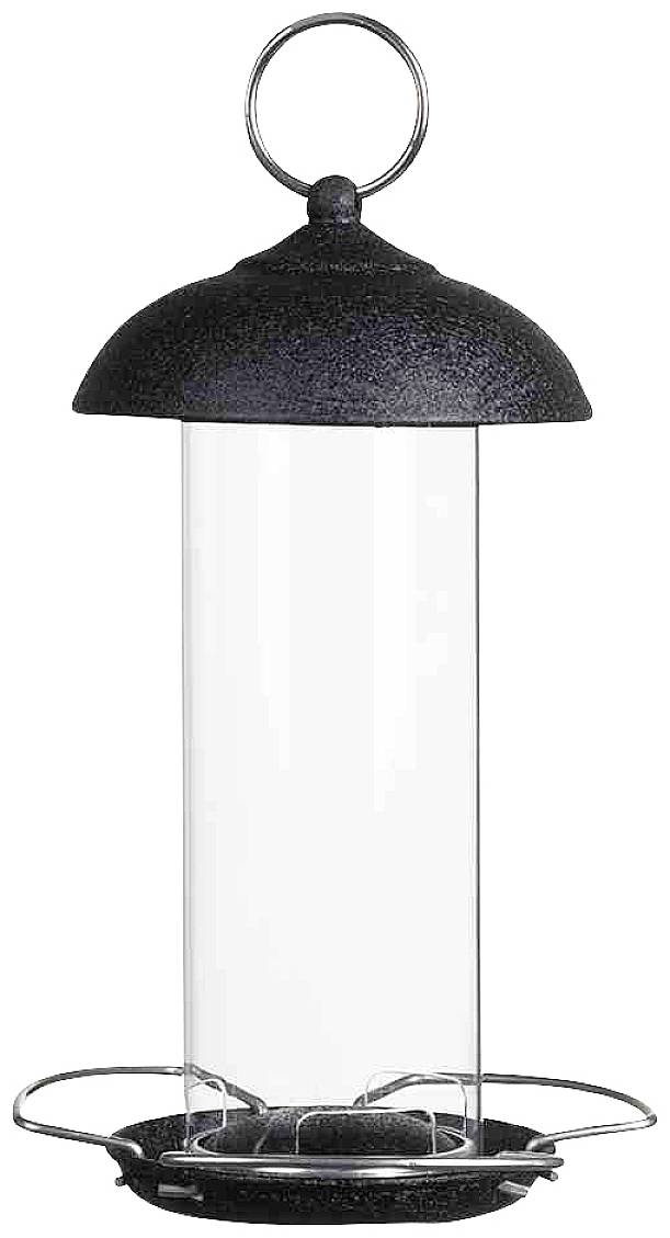A black metal bird feeder with a transparent container for bird food, ready to be hung outdoors.