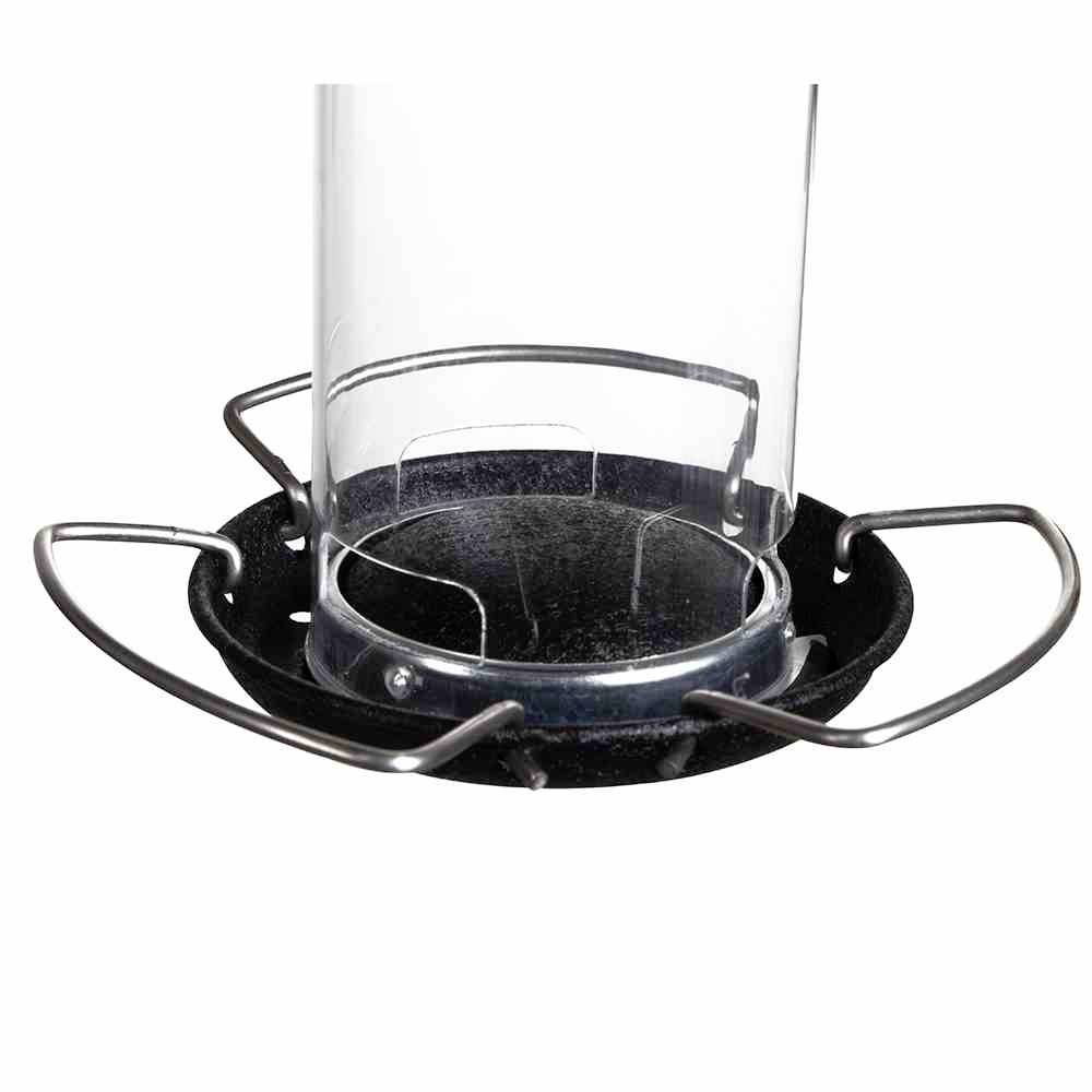 Metal and glass bird feeding station with multiple perches for birds. Ideal for filling with bird food in the garden.