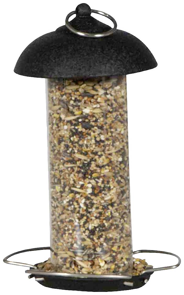 A transparent bird feeder with a black roof and perching rings, filled with a mixture of various seeds.